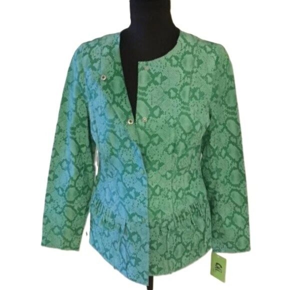 Chi by Falchi Green &Cream 100% Leather Snake Print Button Up Jacket XS NWT $189 - Picture 3 of 7
